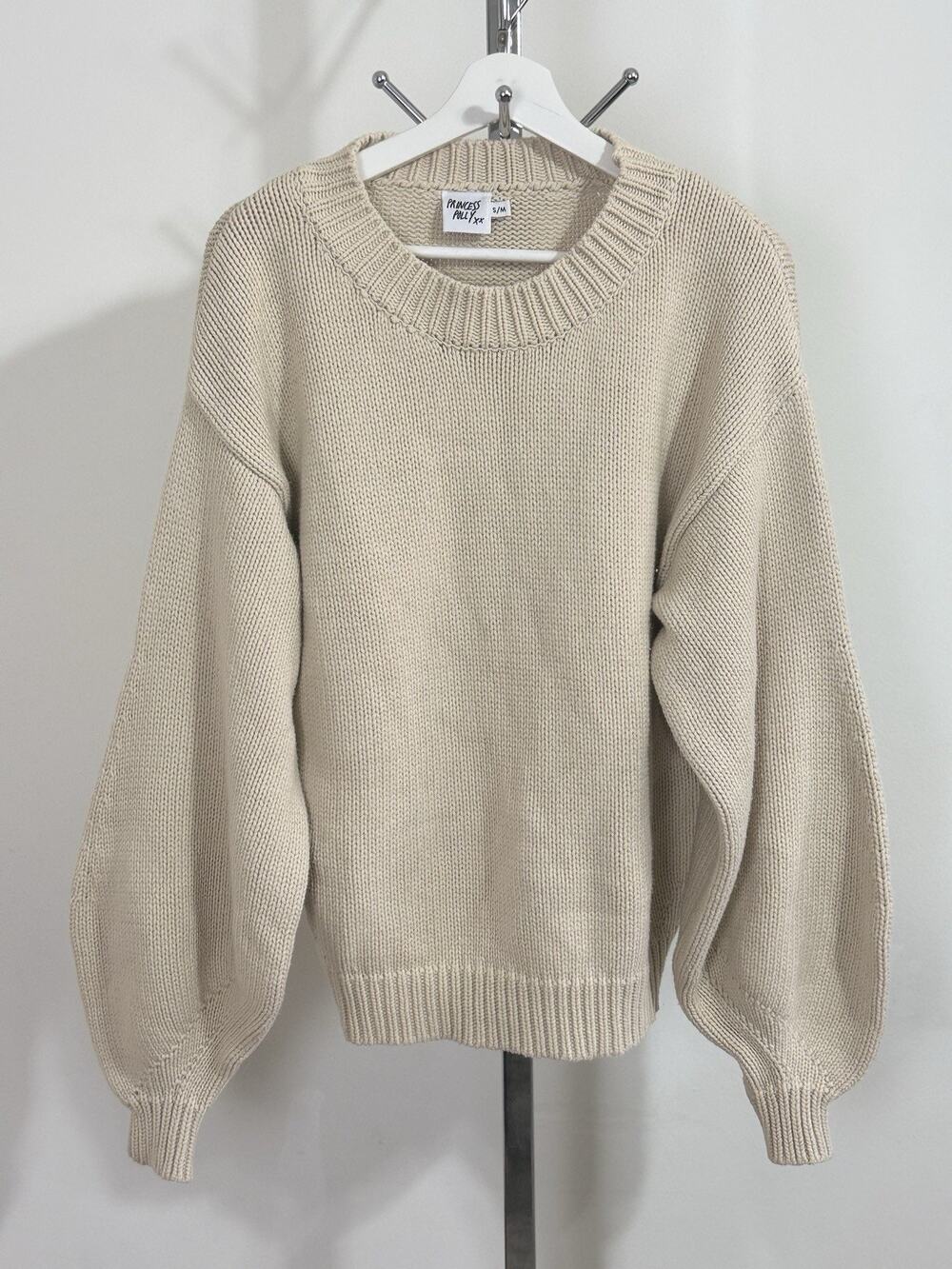 Princess Polly Chunky Knit Sweater Beige Oversized Crewneck Balloon Sleeve S/M